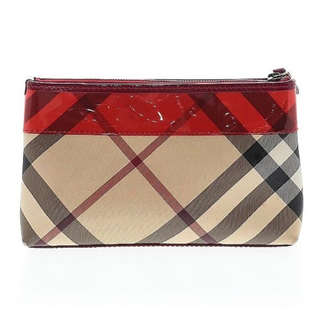 Authentic Burberry Plaid Red Textured Zip Handbag Clutch